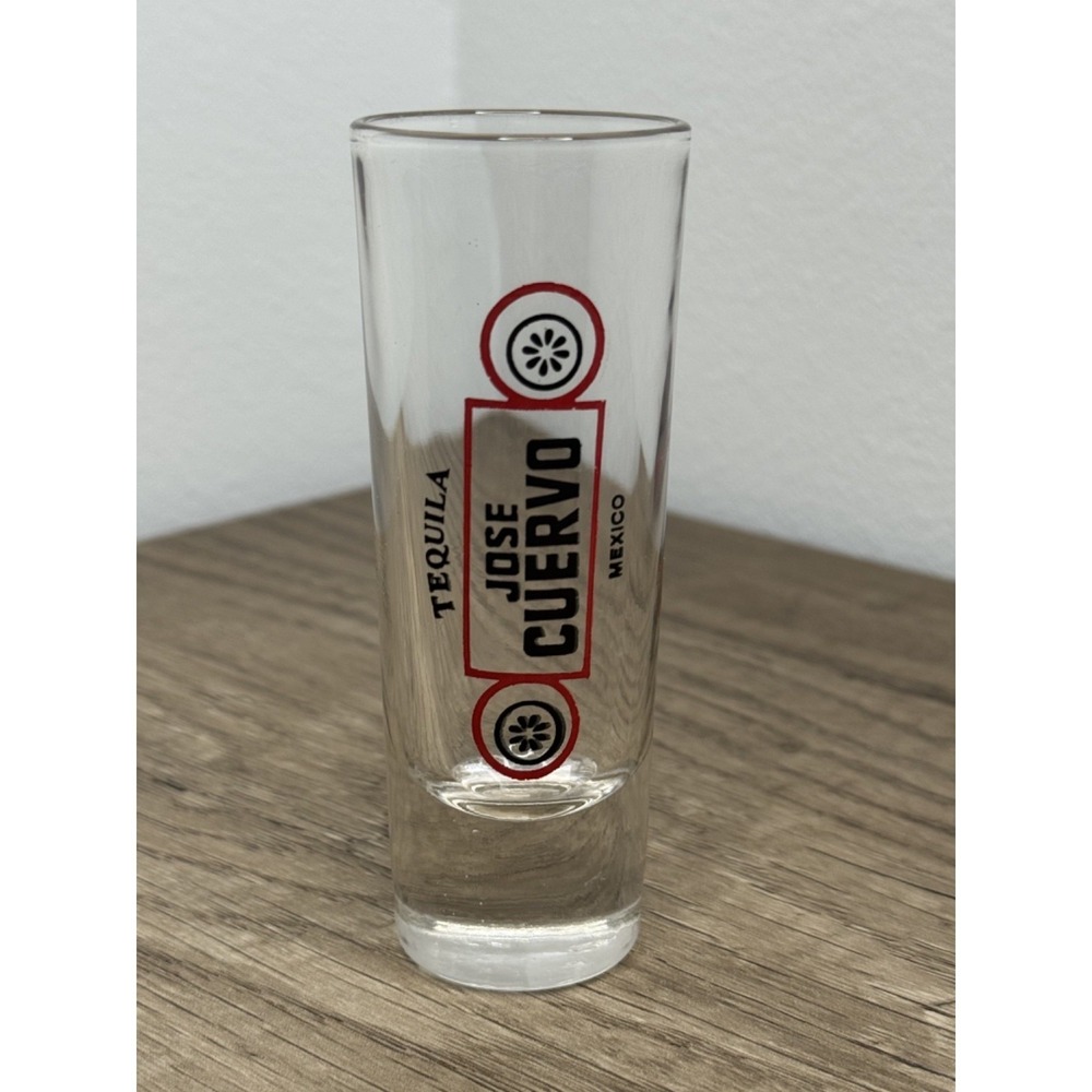 Jose Cuervo Tequila Tall Shot Glass Shooter Clear Red Black Logo Mexico Barware